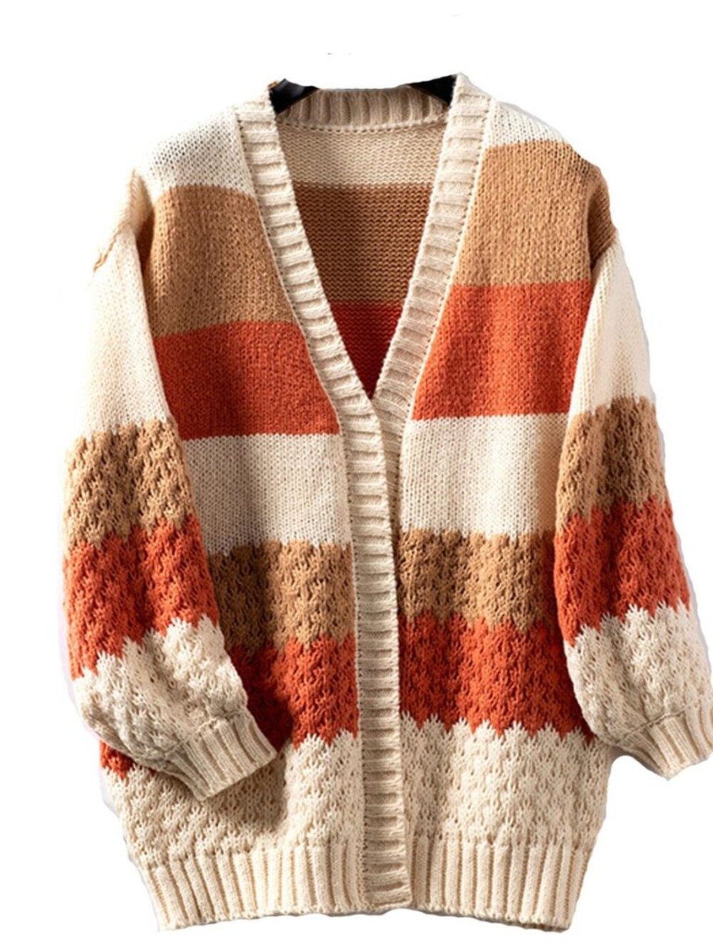 Women's Long Sleeve Color Block Chunky Cable Knitted Oversized Sweater Cardigans